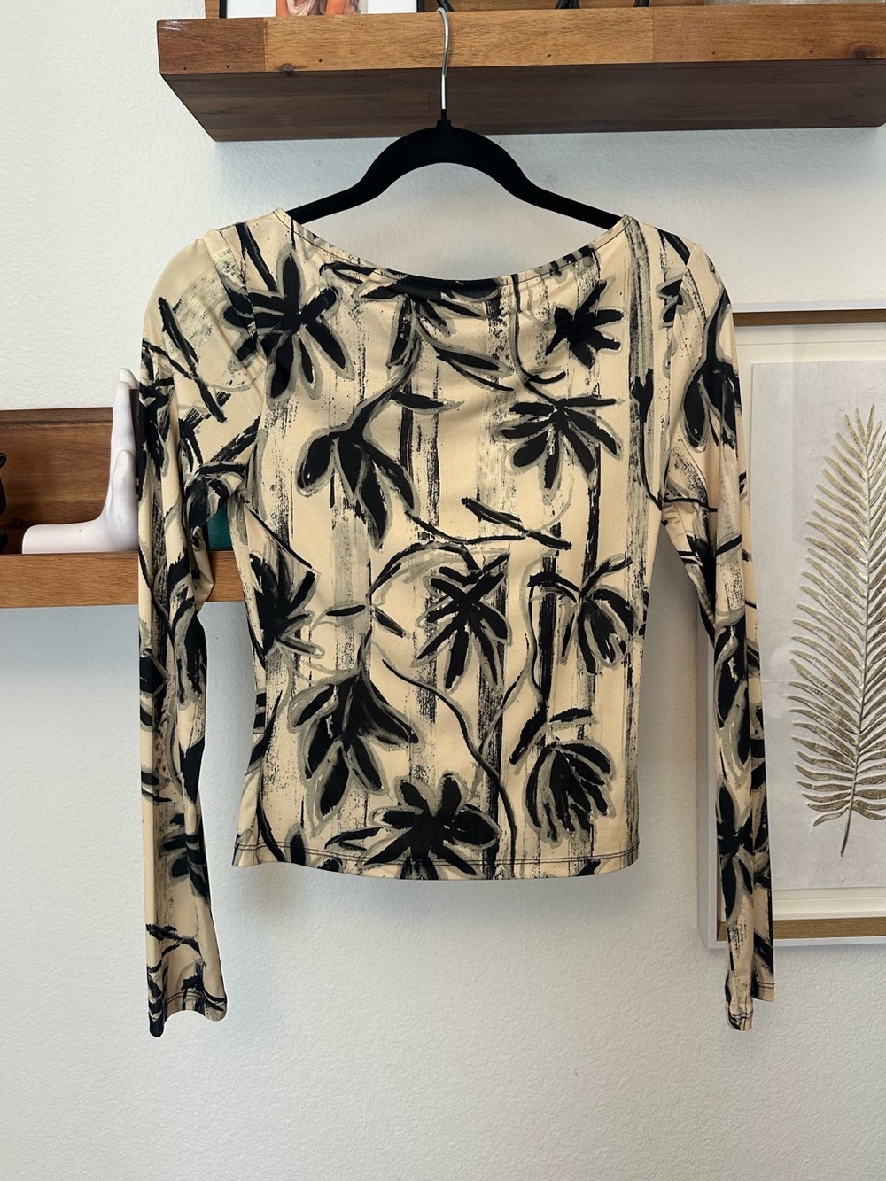 Women's Long-Sleeve Top in Cream with Black Floral Print
